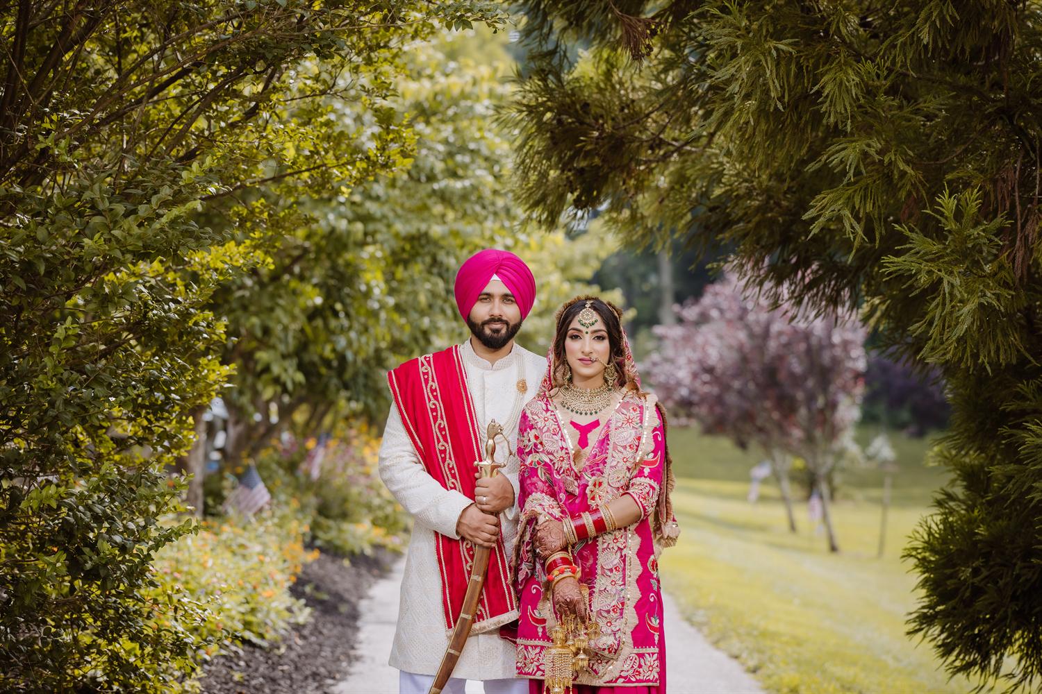 Couple walking a garden path